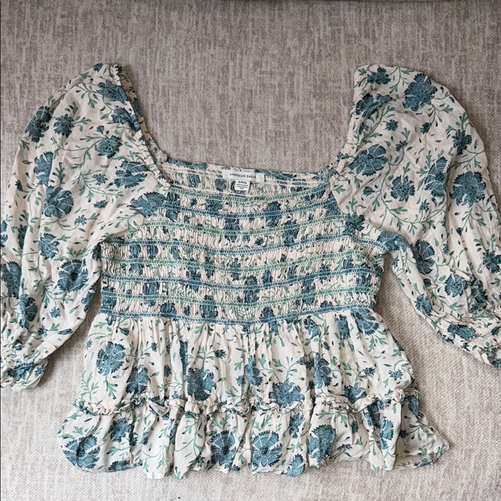 Floral Smocked Top - Blue and Cream